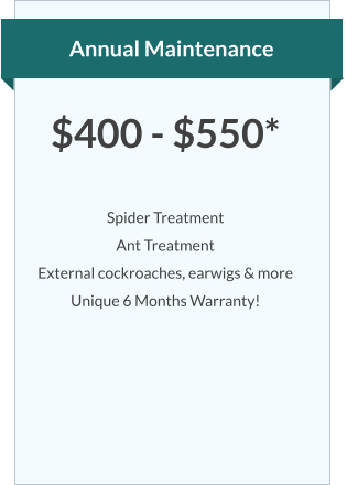 Annual Maintenance $400 - $550*  Spider Treatment Ant Treatment External cockroaches, earwigs & more Unique 6 Months Warranty!